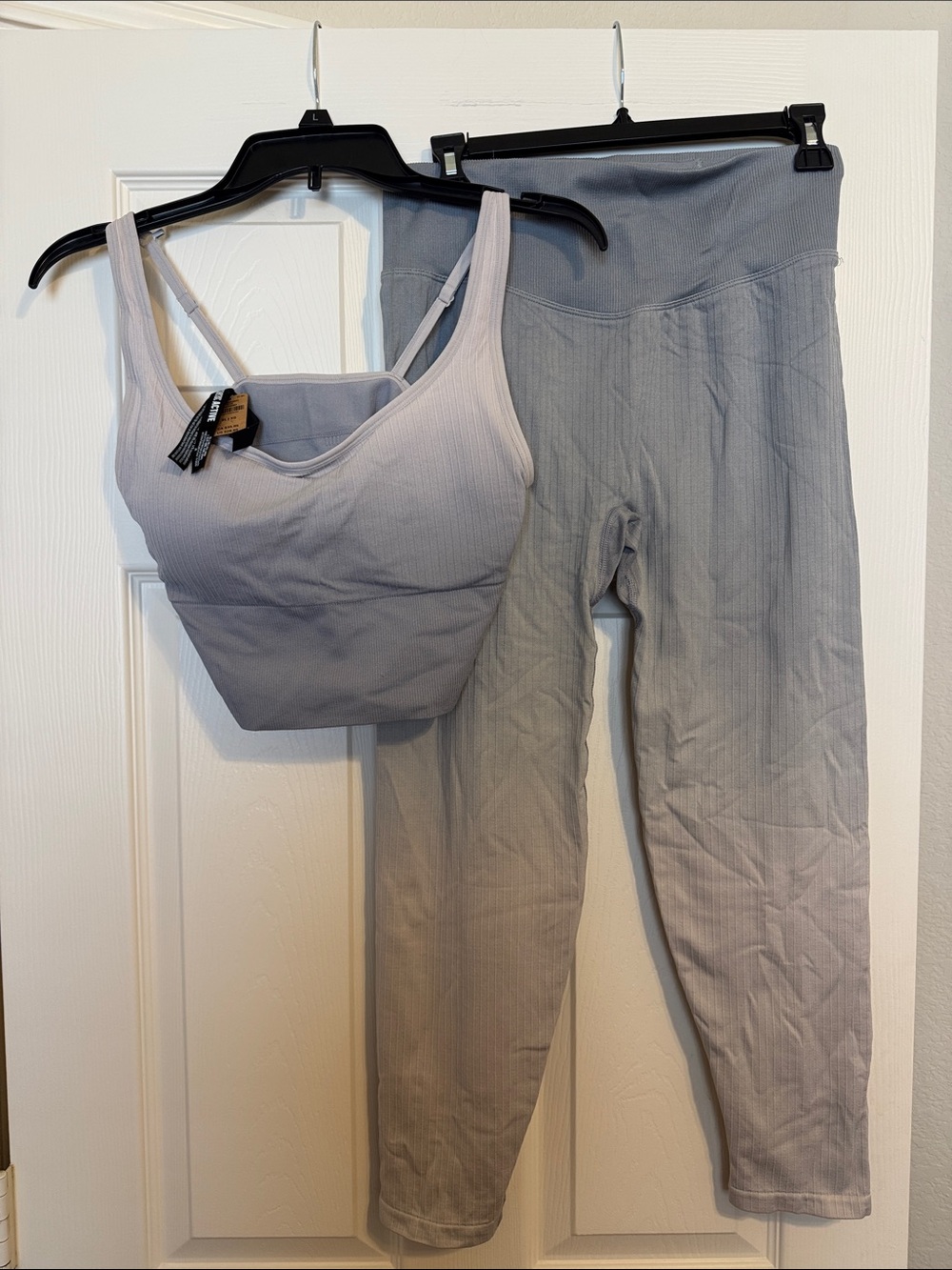 VS PINK Ribbed Light Gray Sports Bra & High-Waist Leggings Set